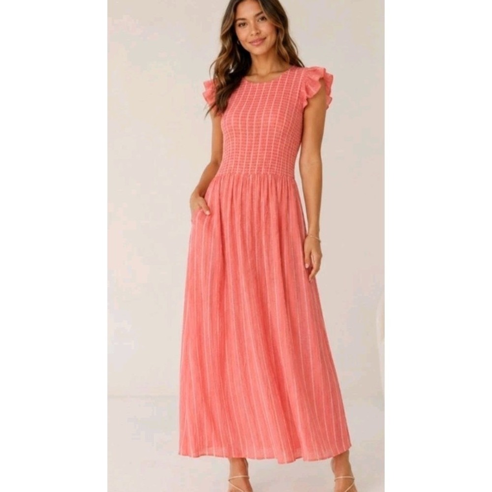 Free People Dress Small Smocked Maxi Peasant Cottage Core Resort Flutter Sleeve